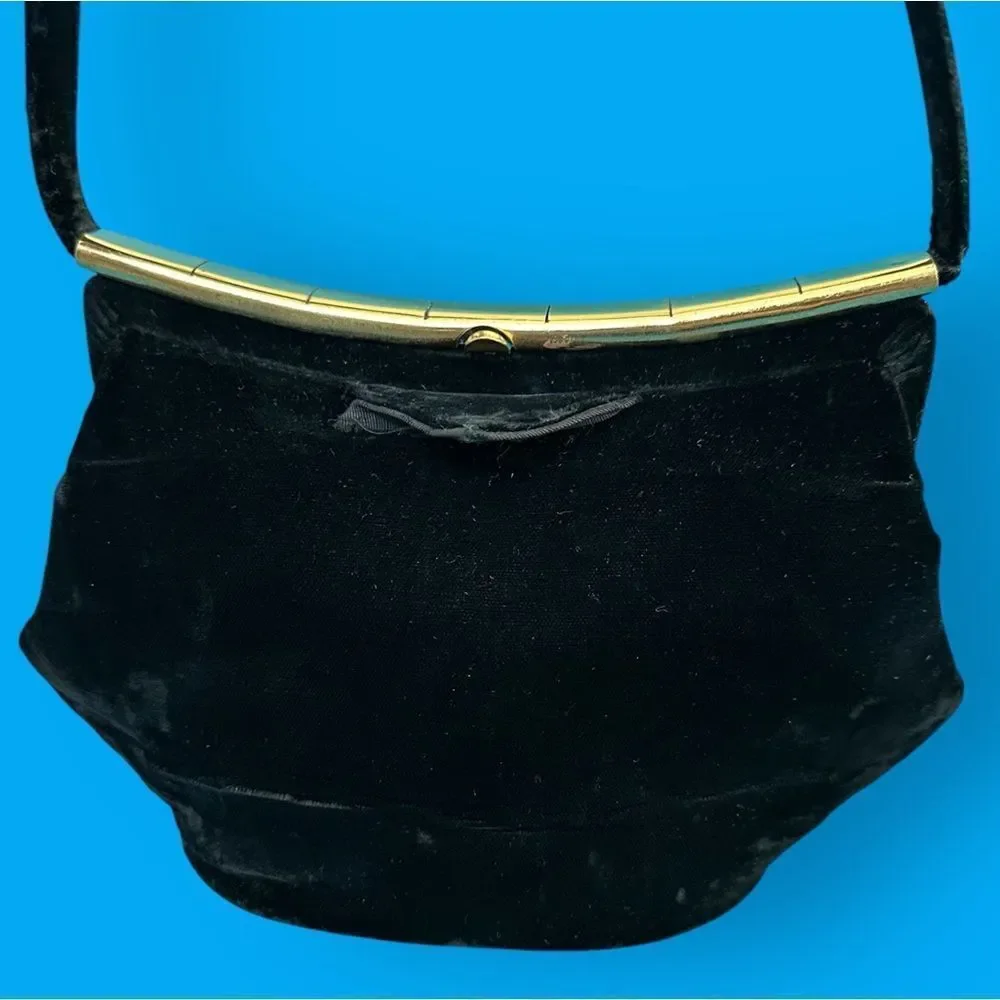 Vintage Velvet Handbag Black Silk Gold Pentagon Box Purse Art Deco